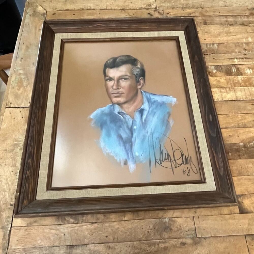 Vintage Framed Pastel Drawing Portrait 18 x 22 Artist Signed 1968 Wood Frame